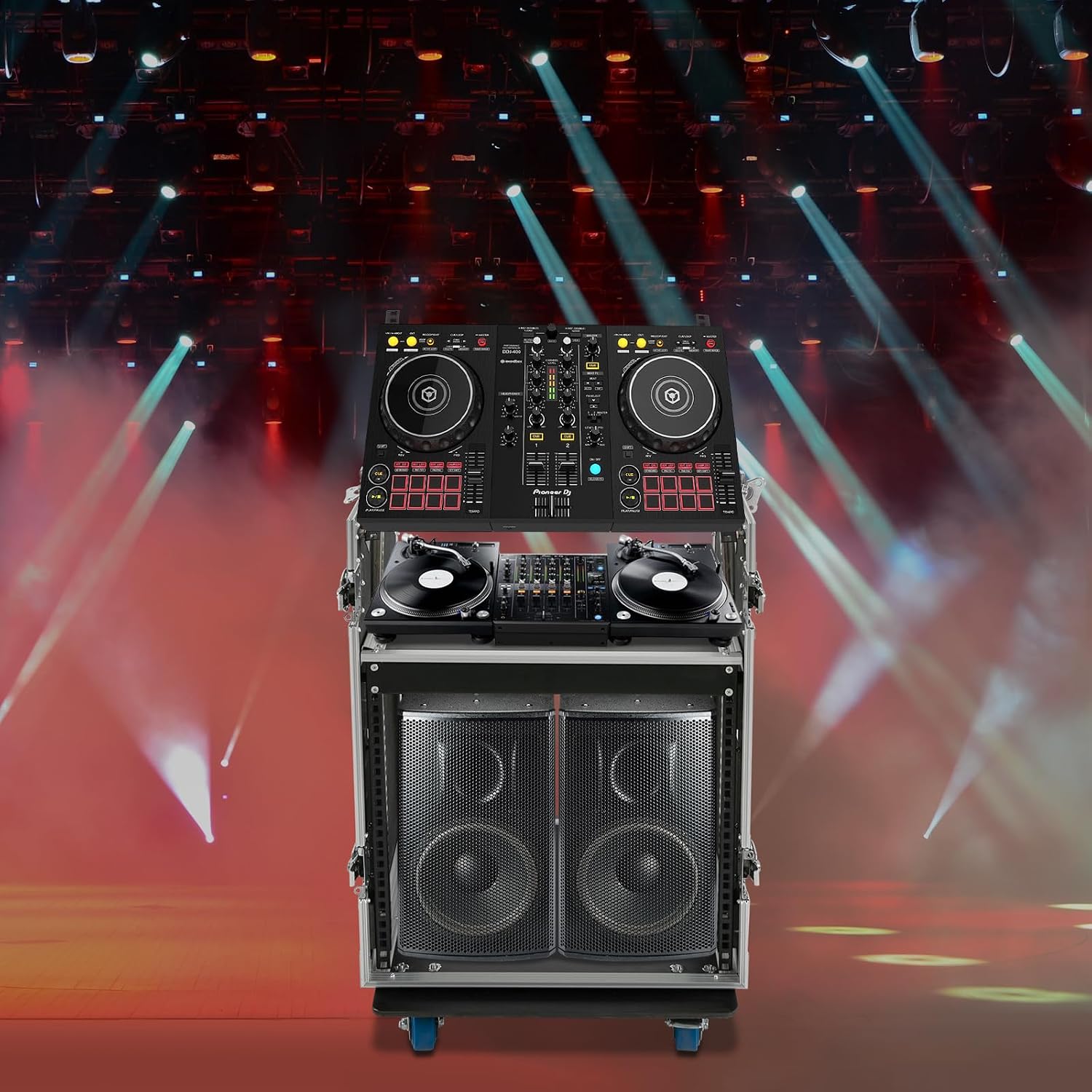 10U PA DJ Rack/Road ATA Case, Network & Stereo Rack with Slant Mixer Tops, Heavy-Duty DJ Work Table Rolling Studio Equipment Cabinet, Amplifier Mixer Storage Stand for Pro Tour Grade, Live Sound