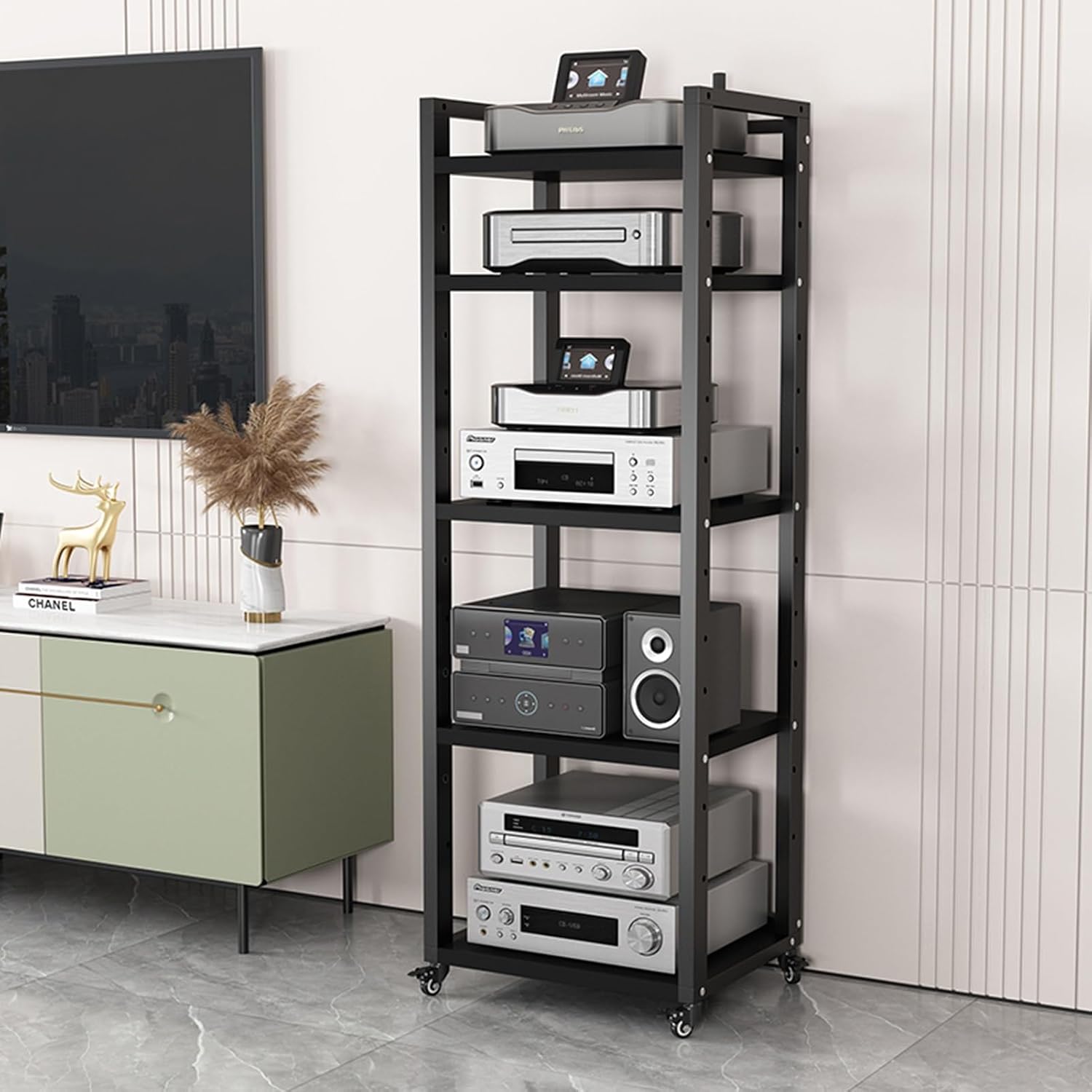 5/6/7/8 Tier Furniture Media Stand DVD CD Player Stand Audio Rack Power Amplifier Equipment Cabinet with Height Adjustable Wooden Shelf Multifunctional Storage Shelves ( Color : A-5 Tier , Size : 50x4