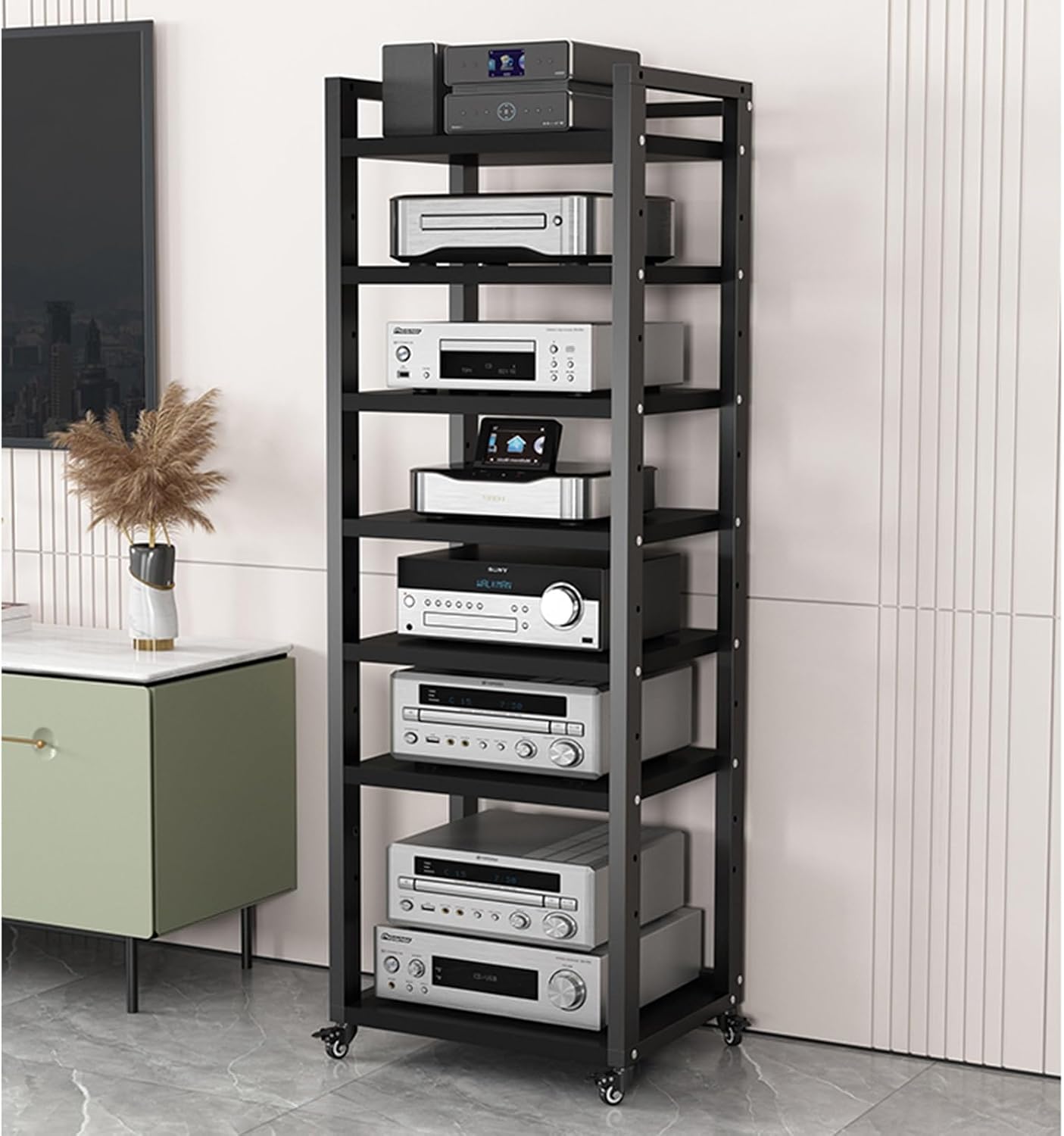 Stereo Rack Cabinet 63 Inch High, 5 6 7 8 Tier Record Player Stand for Turntable Av Media Receiver Equipment Storage, Adjustable Shelving Audio Tower Shelf(Color:7 Tier,Size:60cm Wide)