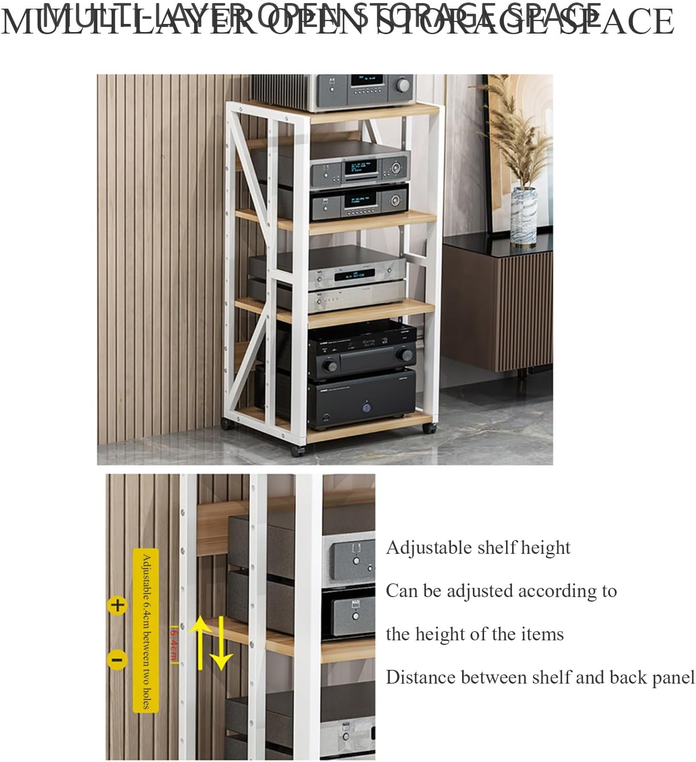 Modern AV Media Stand, Heavy Duty Hifi Audio Component Stand Corner Tv Entertainment Stereo Cabinet Amplifier Rack Shelf Rolling Projector Cart, Office Home Theater Video Rack DVD Record Player Stan
