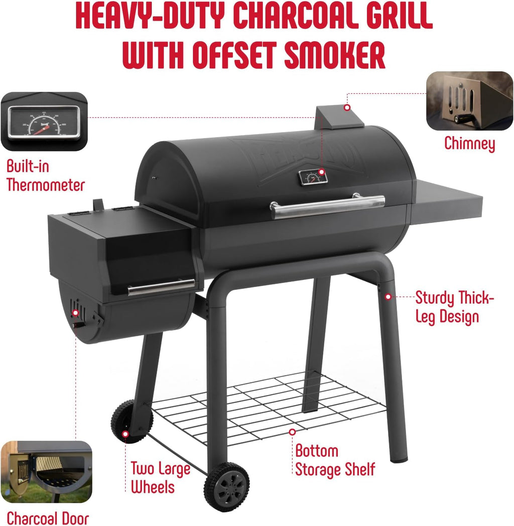 Feasto Heavy-Duty 30-Inch Charcoal Grill with Offset Smoker Grill, Side Table & 815 Sq. In Cooking Space, Outdoor BBQ Grill for Outdoor Barbecue in Backyard, Patio and Parties, Black
