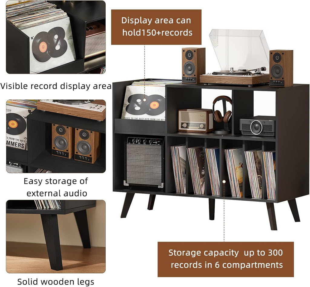 LELELINKY Large Record Player Stand, 48''Turntable Stand with Storage, Vinyl Record Holder with Display Area, Record Player Table Holds Up to 450 Albums, Record Stand for Music Room Living Room