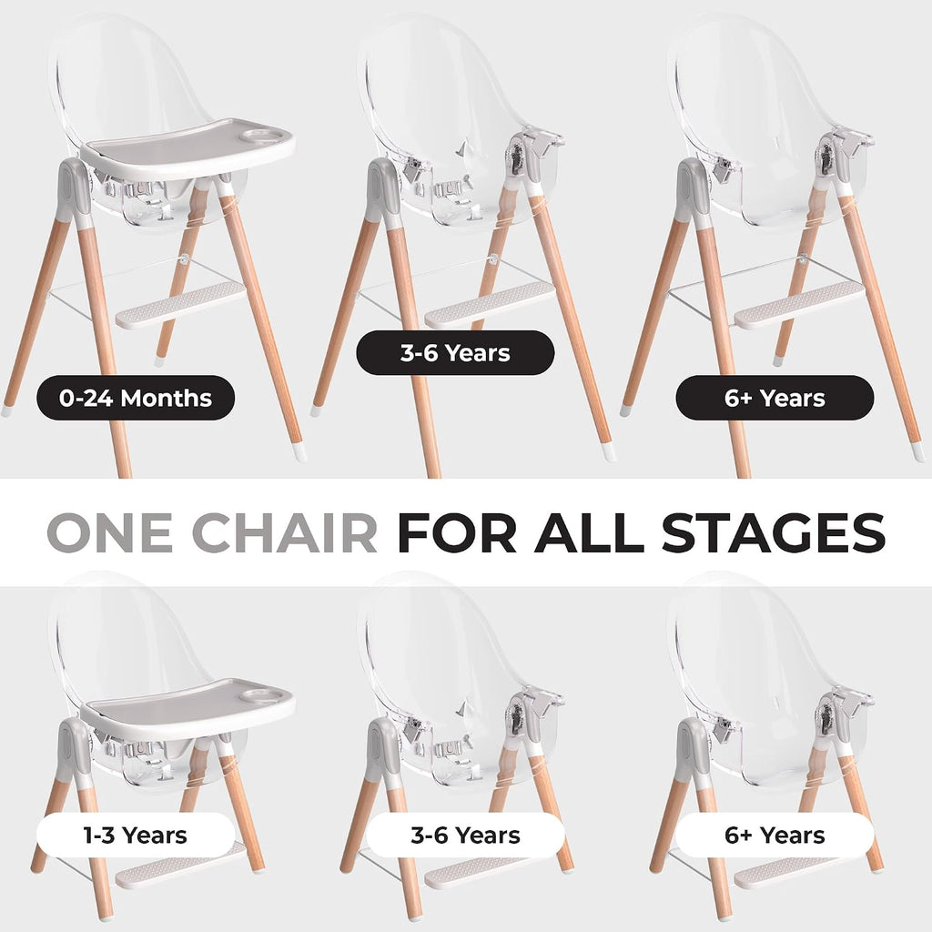 6 in 1 Deluxe Wooden High Chair for Babies & Toddlers, Modern Safe & Compact Baby Highchair, Easy to Clean & Assemble, Removable Tray, 6 Options 3 Seat Positions 2 Heights (Clear)