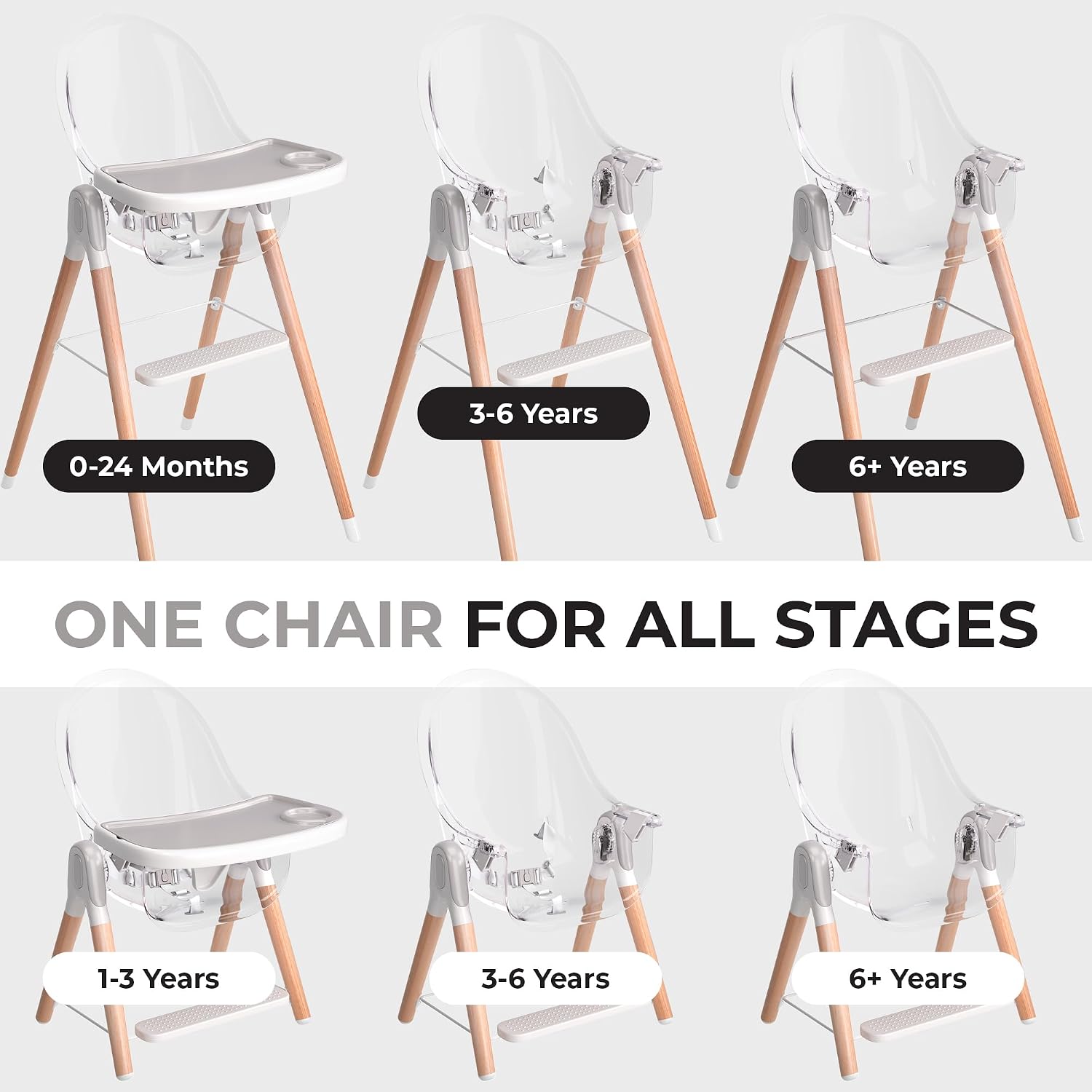 6 in 1 Deluxe Wooden High Chair for Babies & Toddlers, Modern Safe & Compact Baby Highchair, Easy to Clean & Assemble, Removable Tray, 6 Options 3 Seat Positions 2 Heights (Clear)