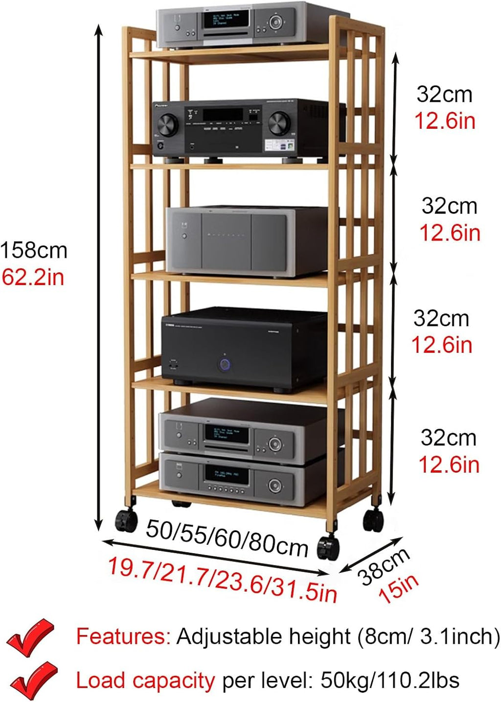 Large Capacity Vintage Stereo Console/AV Cabinet, 5-Tier Adjustable Speaker Stand/Electronics Equipment Shelf, Audio Component Rack with Wheels(Color:Light Brown,Size:55cm/21.7in)