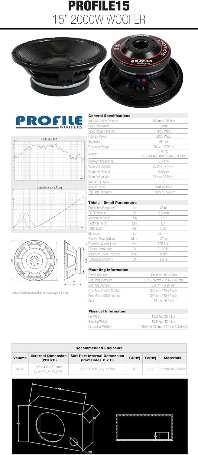 Blastking PROFILE15 15' 2000W High Output Woofer – 4' Voice Coil, 8 Ohm, Ferrite Magnet – Pro Audio Subwoofer Replacement Speaker for PA, DJ, Bass Cabinets