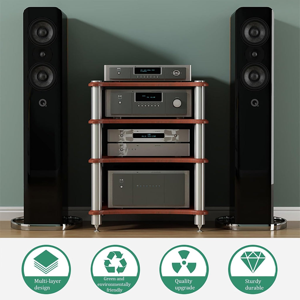 Multifunctional AV Media Stand, 2-Tier Open Storage Cabinet, Wooden Audio Rack with Stainless Steel Frame for TV & Media Components, 60x48x40cm (Brown)