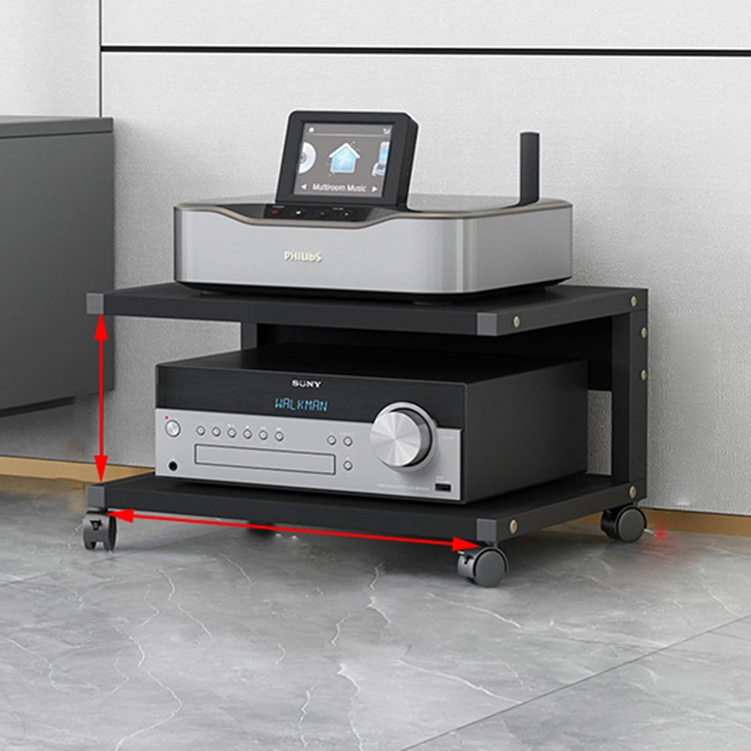 Modern 2-Tier AV Media Stand with Wheels - Adjustable Wooden Shelves, Corner Shelf Media Console Cabinet for Stereo & Storage (Deep Black, 50x40x)