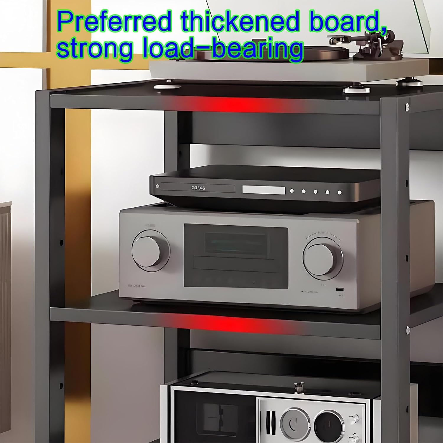 Modern Audio Cabinet & Media Storage, Adjustable Shelves Record Player & DVD/CD Rack Tower, Movable AV Stand, Stylish Black Stereo Holder (50x40)