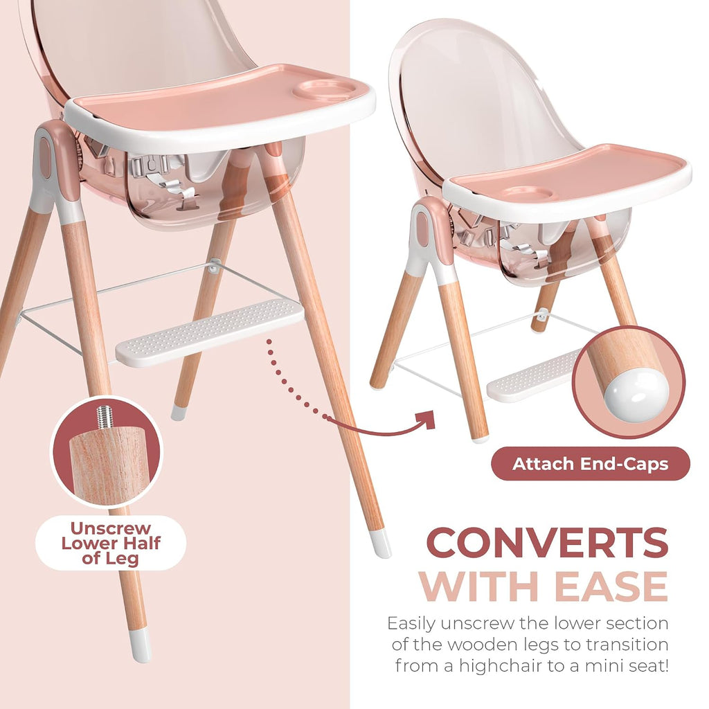 6 in 1 Deluxe Wooden High Chair for Babies & Toddlers, Modern Safe & Compact Baby Highchair, Easy to Clean & Assemble, Removable Tray, 6 Options 3 Seat Positions 2 Heights (Pink)