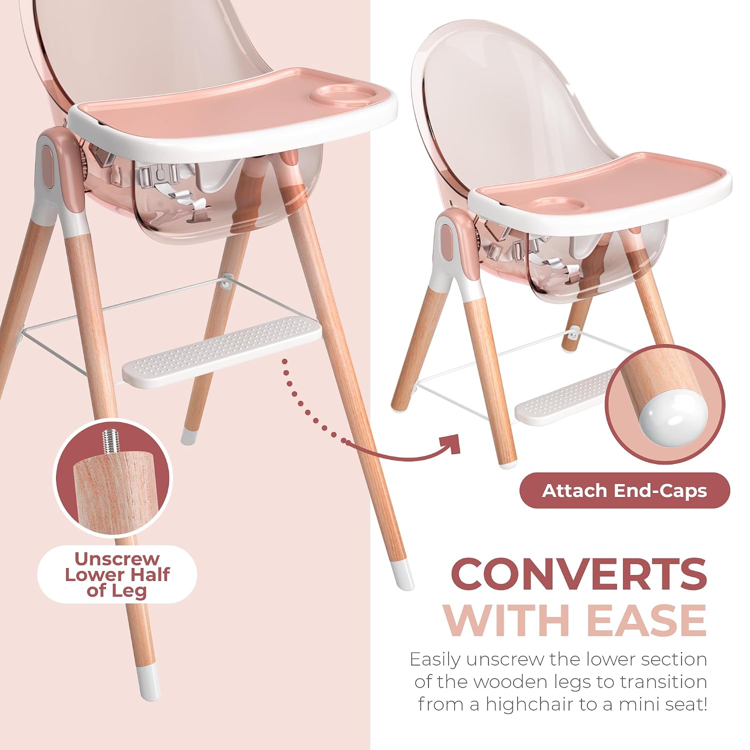 6 in 1 Deluxe Wooden High Chair for Babies & Toddlers, Modern Safe & Compact Baby Highchair, Easy to Clean & Assemble, Removable Tray, 6 Options 3 Seat Positions 2 Heights (Pink)