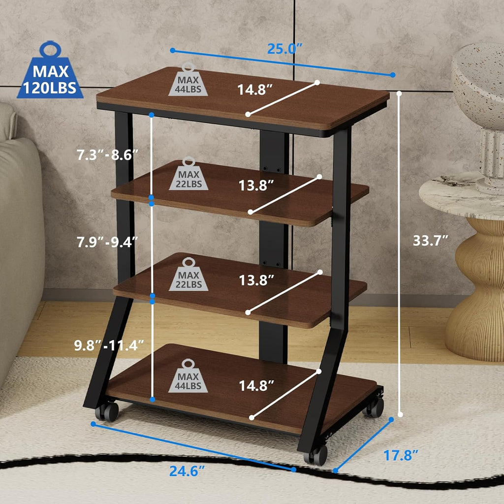 Rfiver 4-Tier AV Media Stand with Wheels, Mobile Rack Audio Tower with Height Adjustable Shelves, Wooden Stereo Racks and Stands, Stereo Stand for Record Player, TV Box, Corner Entertainment Center