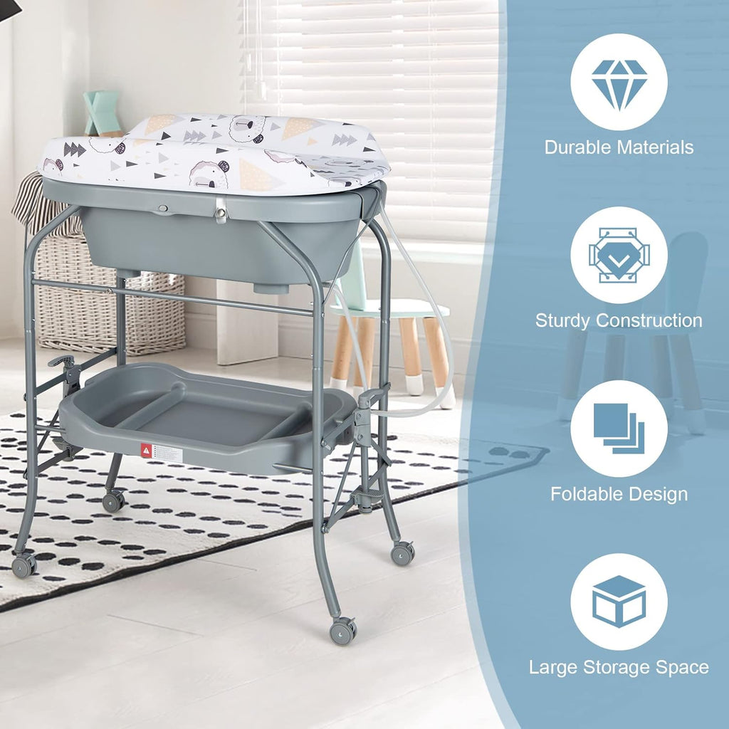 HONEY JOY 2-in-1 Baby Bathtub & Changing Table, Foldable Infant Diaper Changing Station with Wheels, Storage Tray, Waterproof Pad, Portable Newborn Nursery Organizer Bath Stand for Boys Girls (Gray)