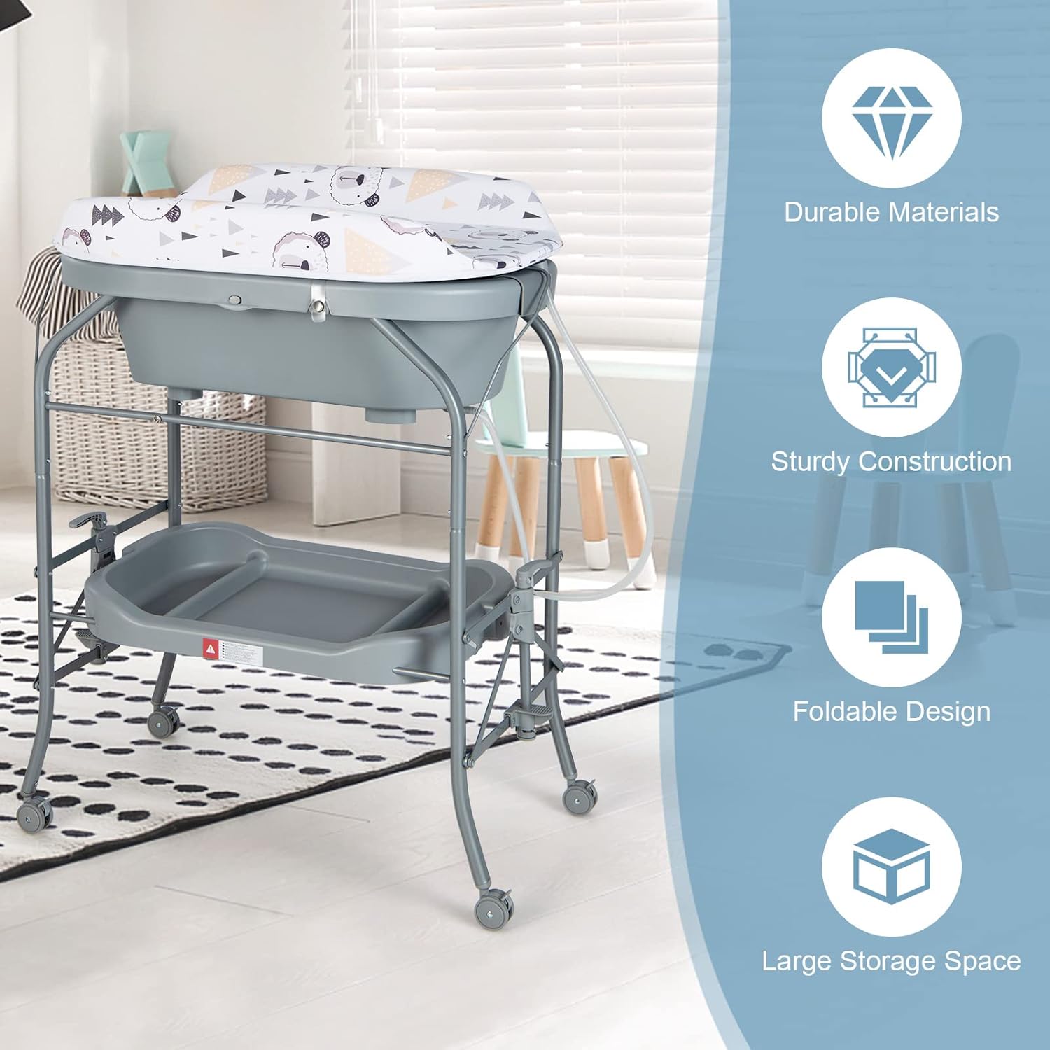 HONEY JOY 2-in-1 Baby Bathtub & Changing Table, Foldable Infant Diaper Changing Station with Wheels, Storage Tray, Waterproof Pad, Portable Newborn Nursery Organizer Bath Stand for Boys Girls (Gray)