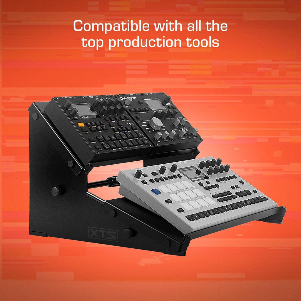 XTS Duo-Flex Desktop Stand, 2 Tiers with Trays for FX Pedals / Synths / Samplers / Audio Interfaces / MIDI Controllers, Holds 2-4 Pedals or Machines on Each Tier, 17.7' Width, Fits MPC Live 3 / TR-8S / Digitakt & more