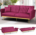 70' Velvet Futon Sofa Bed with 2 Pillows and Adjustable Armrests, Convertible Sleeper Bed W/Adjustable Backrests, Modern Loveseat for Living Room, Bedroom, Fuchsia