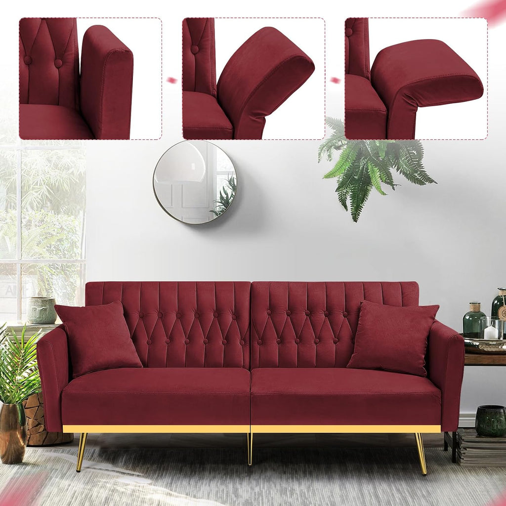 70' Velvet Futon Sofa Bed with 2 Pillows and Adjustable Armrests, Convertible Sleeper Bed W/Adjustable Backrests, Modern Loveseat for Living Room, Bedroom, Red