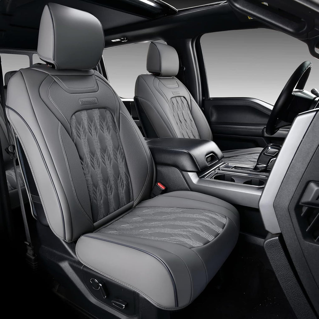 Coverado Car Seat Covers Full Set, Leather Ford F150 Seat Covers Fit for 2015-2026 F150 and 2017-2026 F250 F350 F450 Super Duty Crew Cab XL XLT Lariat King Ranch Platinum (Gray)