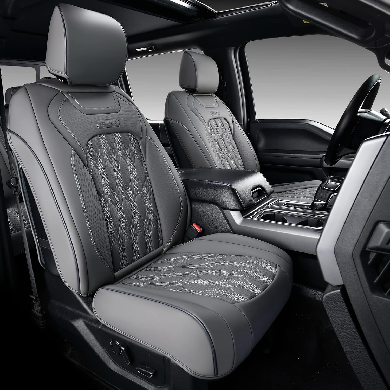 Coverado Car Seat Covers Full Set, Leather Ford F150 Seat Covers Fit for 2015-2026 F150 and 2017-2026 F250 F350 F450 Super Duty Crew Cab XL XLT Lariat King Ranch Platinum (Gray)