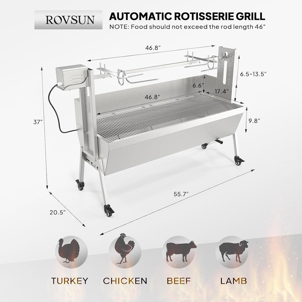 ROVSUN Rotisserie Grill with Windscreen, 46 Inch 176 Lbs Capacity, BBQ Outdoor Pig Lamb Goat Charcoal Spit Roaster, Stainless Steel Rotisserie Grill for Camping Barbecue Party