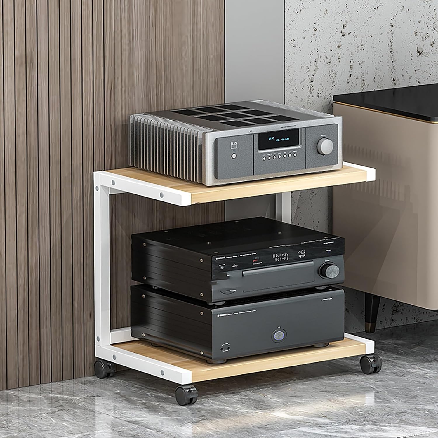 Wooden Display Cabinet with Wheels, AV Media Stand & Audio Rack, Corner Shelf with Storage for Game Consoles & TV Accessories, Perfect for Recording Rooms, 50x40 cm.
