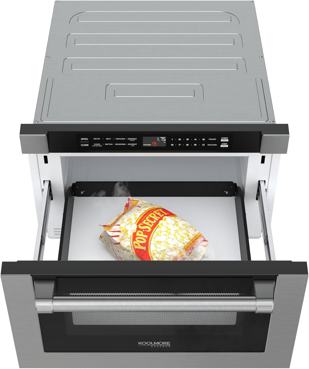 KoolMore Reserve 24 in. 1.2 cu. ft. Microwave Drawer with Electric Door Opening, 10 Power Levels, Sensor Cooking, Melt, Defrost, Bake, Roast, Broil, 1500 Watts, UL Certified in Black Stainless-Steel