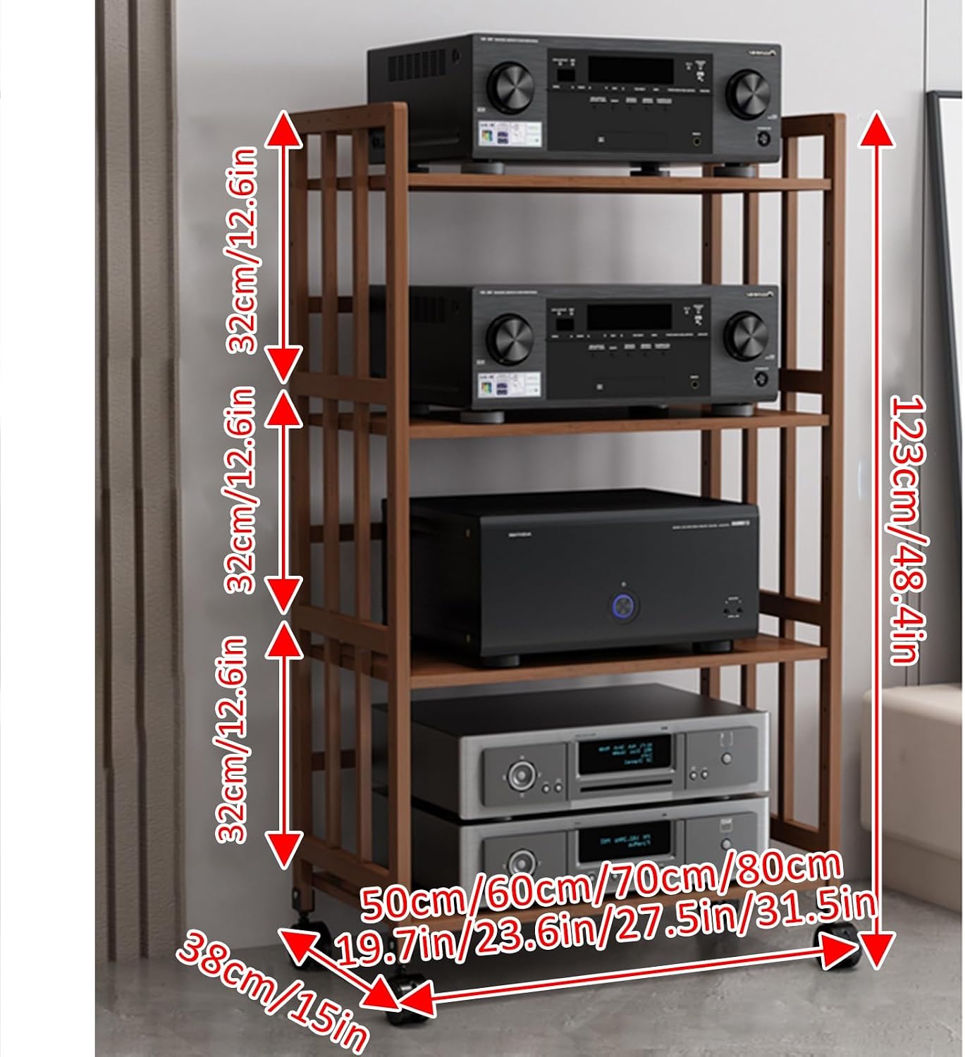 Media Storage Cabinet 4-Tier AV Media Stand Corner Shelf Video Component Cabinet AV Receiver Audio Component Stand Record Player Receiver Electronics Equipment for Living Room Gaming Room Music Studio