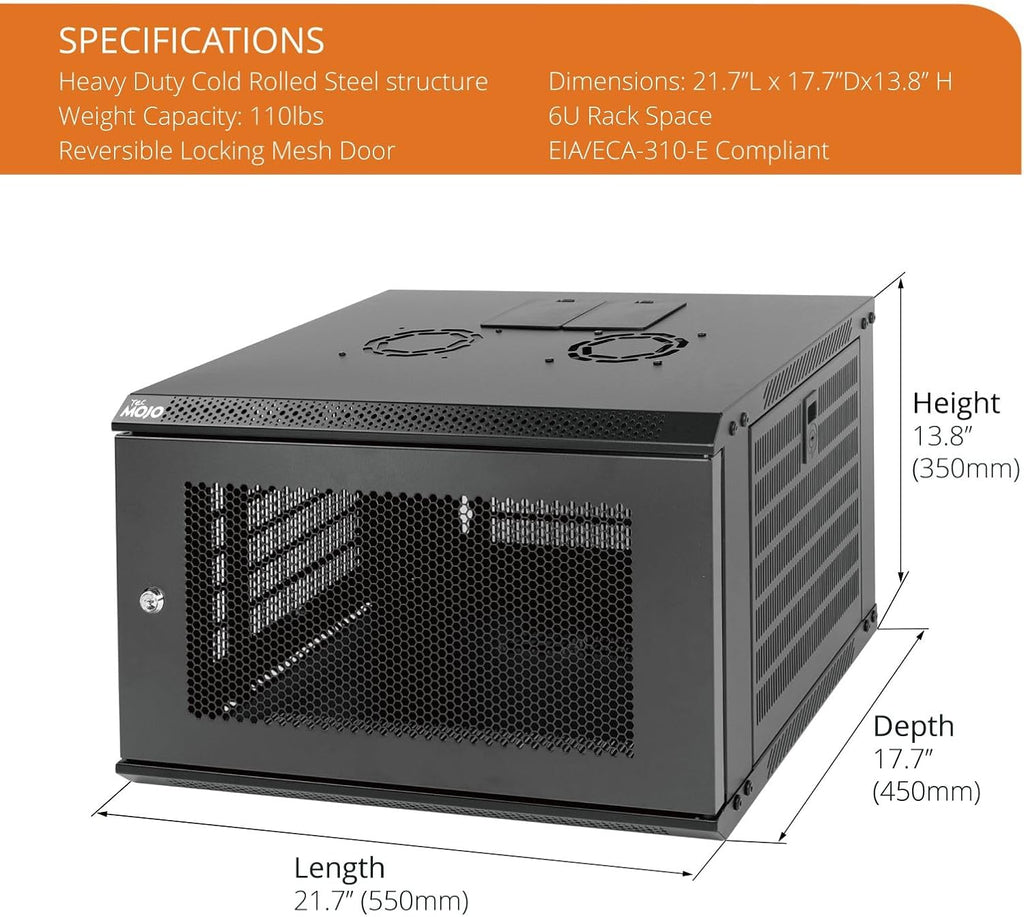 Tecmojo 6U Wall Mount Rack Network Cabinet for 19' IT Equipment,with Lockable Mesh Door and Side Panels,Cooling Fan,450mm Depth (Standard 6U/450mm Deep), Mesh/Black