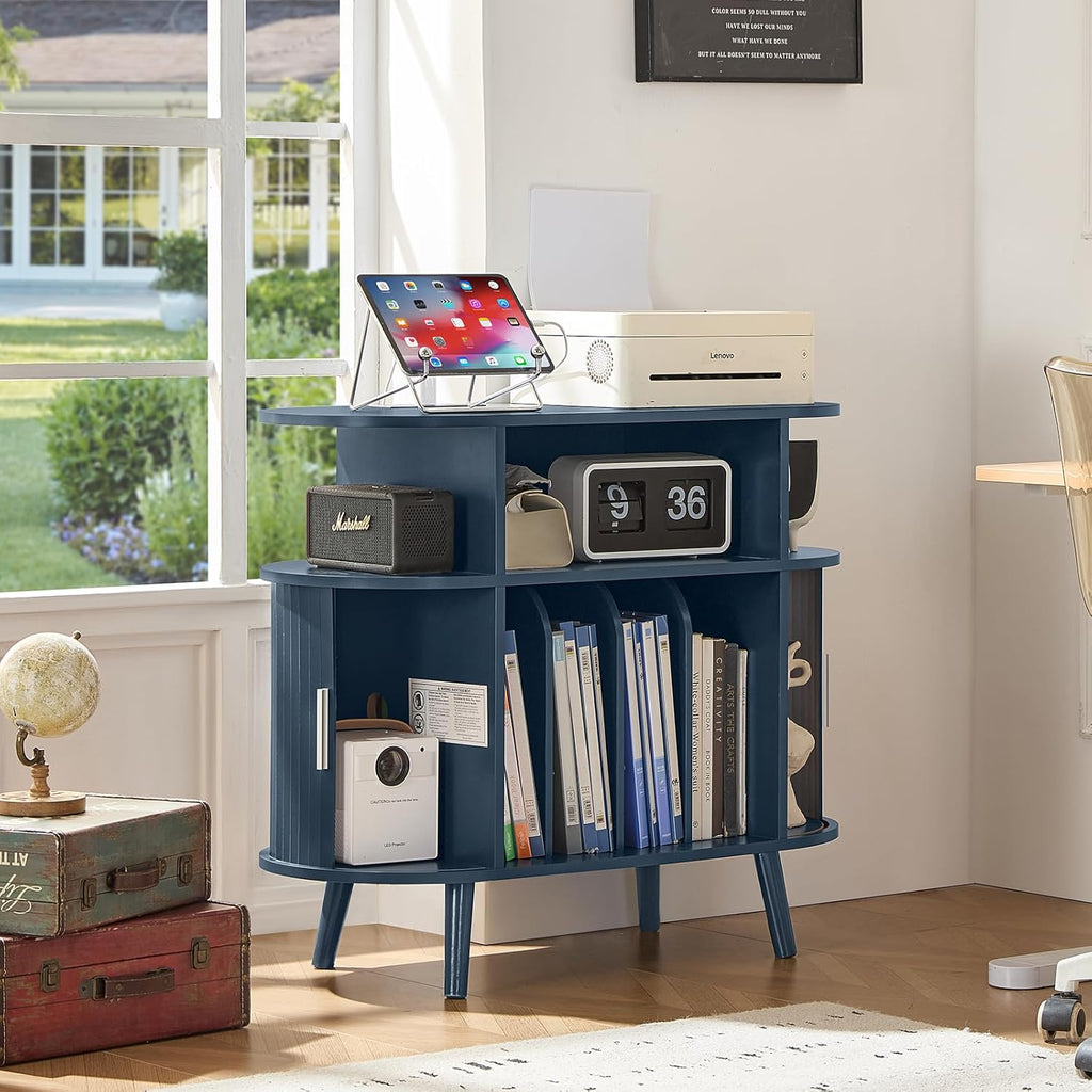 LELELINKY Large Round Record Player Stand with Charging Station & Fluted Panel,Navy Blue Mid Century Modern Turntable Cabinet with Vinyl Storage, Arched Wood Record Player Table for Living Room
