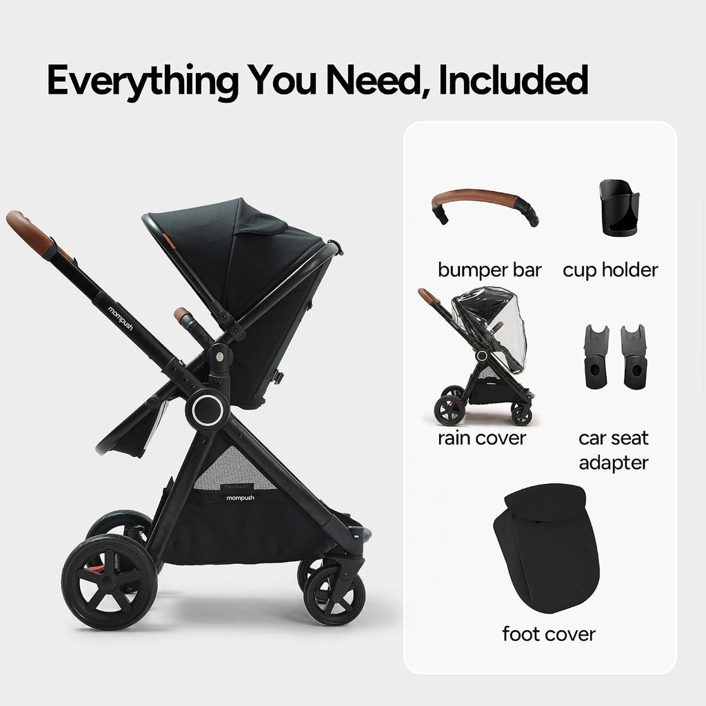 Mompush Ultimate2 Baby Stroller, Premium Convertible Full-Size Stroller for Toddler, Reversible Seat with One Hand Recline Adjustment, Car Seat Adapter Included