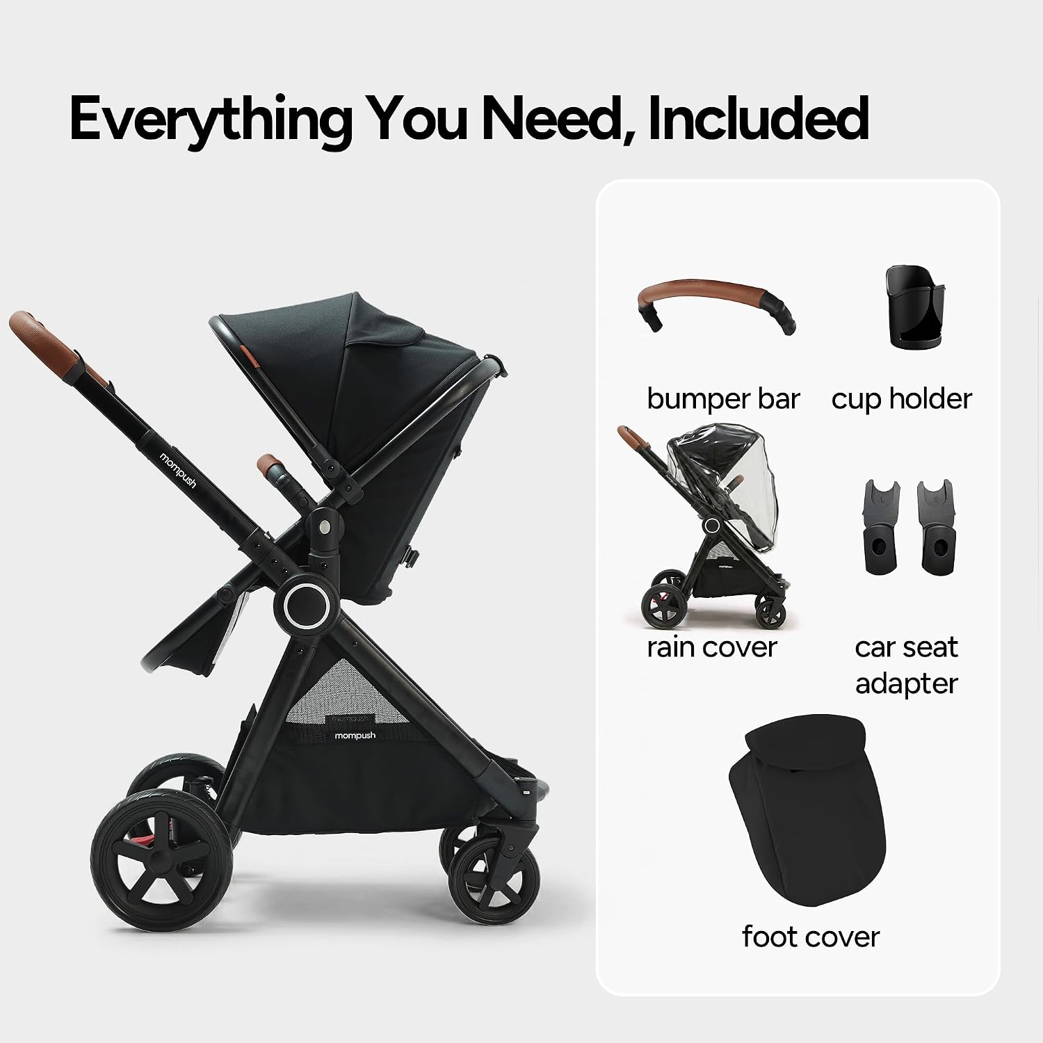 Mompush Ultimate2 Baby Stroller, Premium Convertible Full-Size Stroller for Toddler, Reversible Seat with One Hand Recline Adjustment, Car Seat Adapter Included