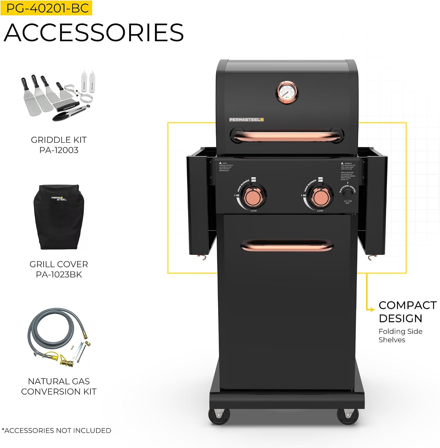 Permasteel 2-Burner Propane Gas Grill, BBQ Grill with Foldable Side Tables & Tool Hooks, Perfect for Outdoor Cooking, Patio & Garden, Black/Copper