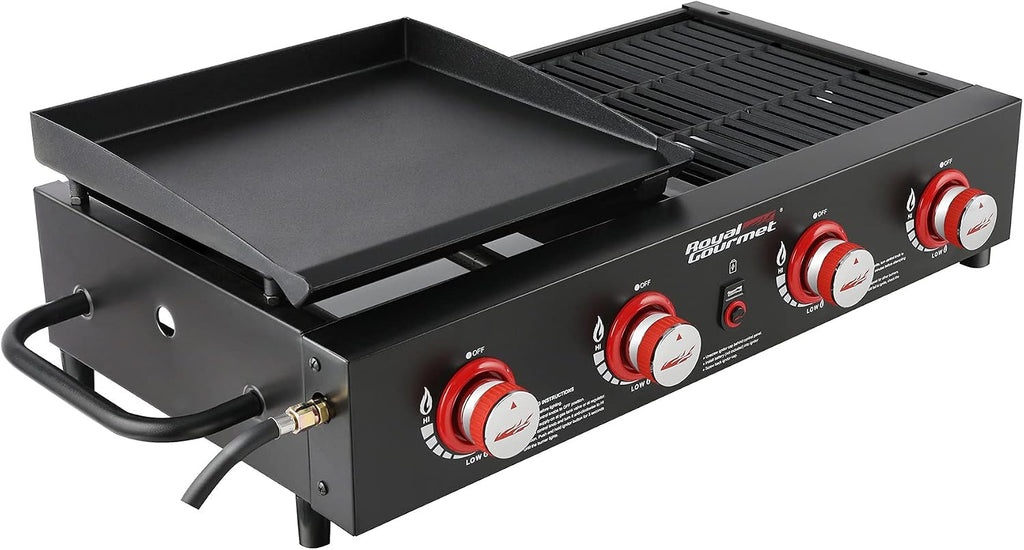 Royal Gourmet GD4002T 4-Burner Tailgater Grill and Griddle Combo, Portable Flat Top Propane Gas Grill with 40,000 BTUs Output for Backyard or Outdoor Cooking, Black