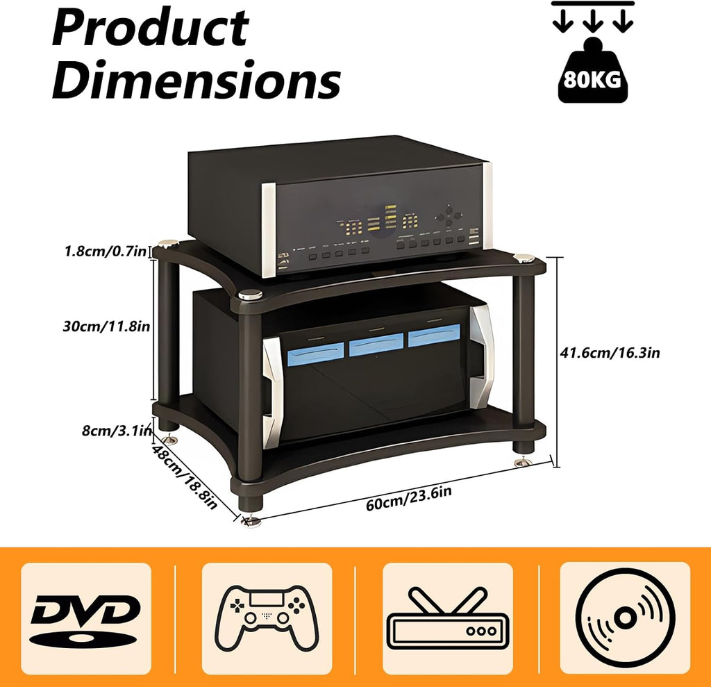 Heavy Duty Audio Component Rack, Large Storage Space AV Media Stand with Shock-Absorbing Foot pegs, Audio Rack Tower CD Player Stand for Home/Office/Audio Video/Theate (Black, 2nd)