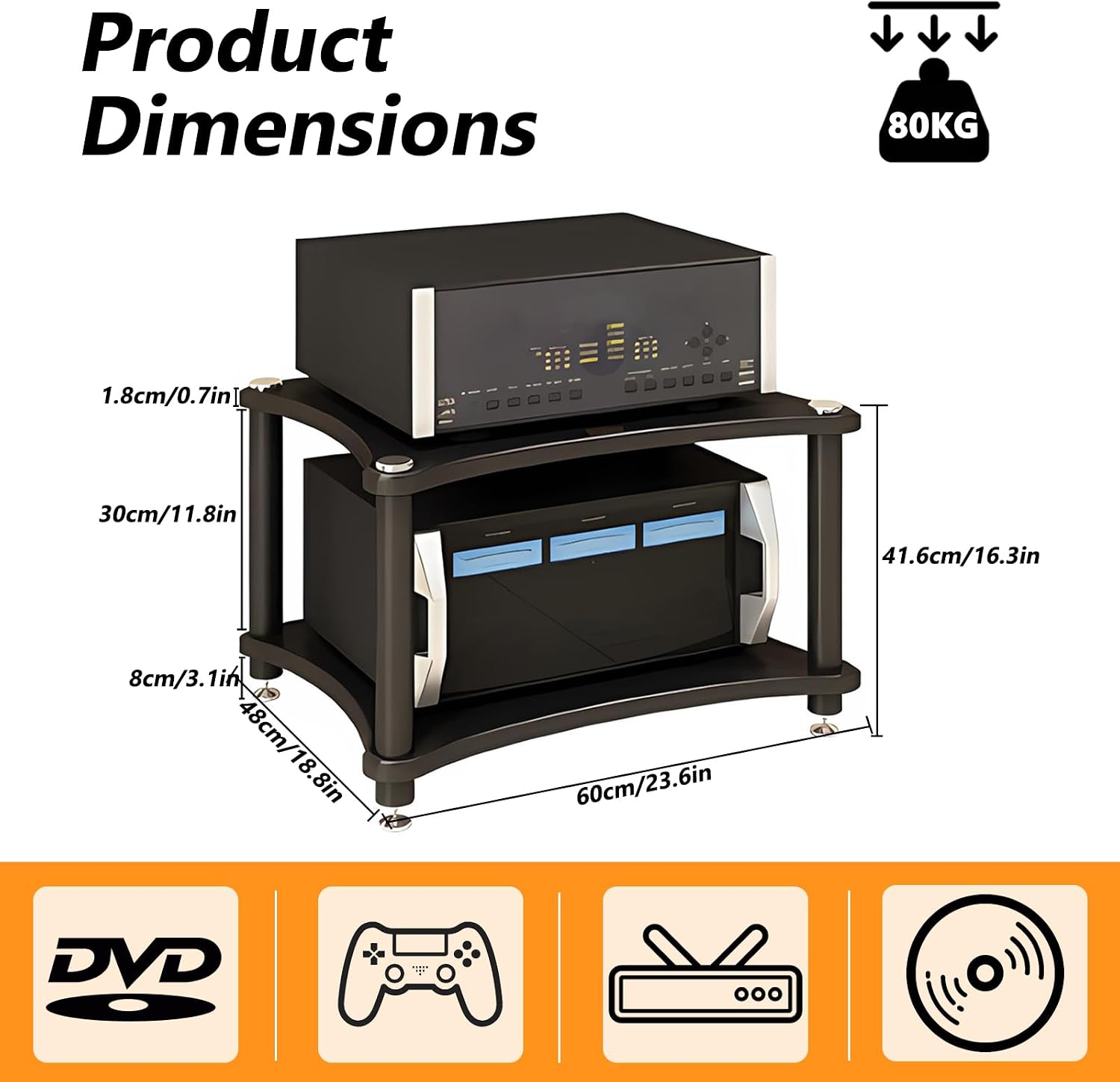Heavy Duty Audio Component Rack, Large Storage Space AV Media Stand with Shock-Absorbing Foot pegs, Audio Rack Tower CD Player Stand for Home/Office/Audio Video/Theate (Black, 2nd)