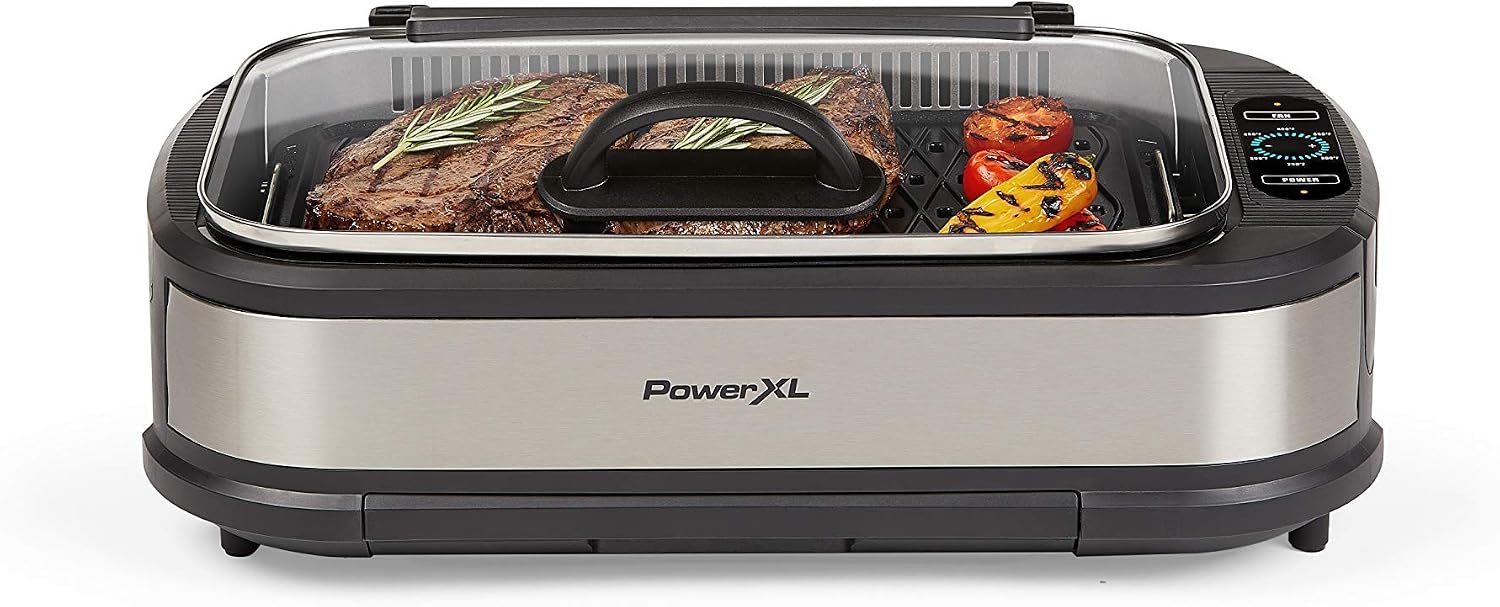 PowerXL Smokeless Grill with Tempered Glass Lid and Turbo Speed Smoke Extractor Technology. Make Tender Char-grilled Meals...