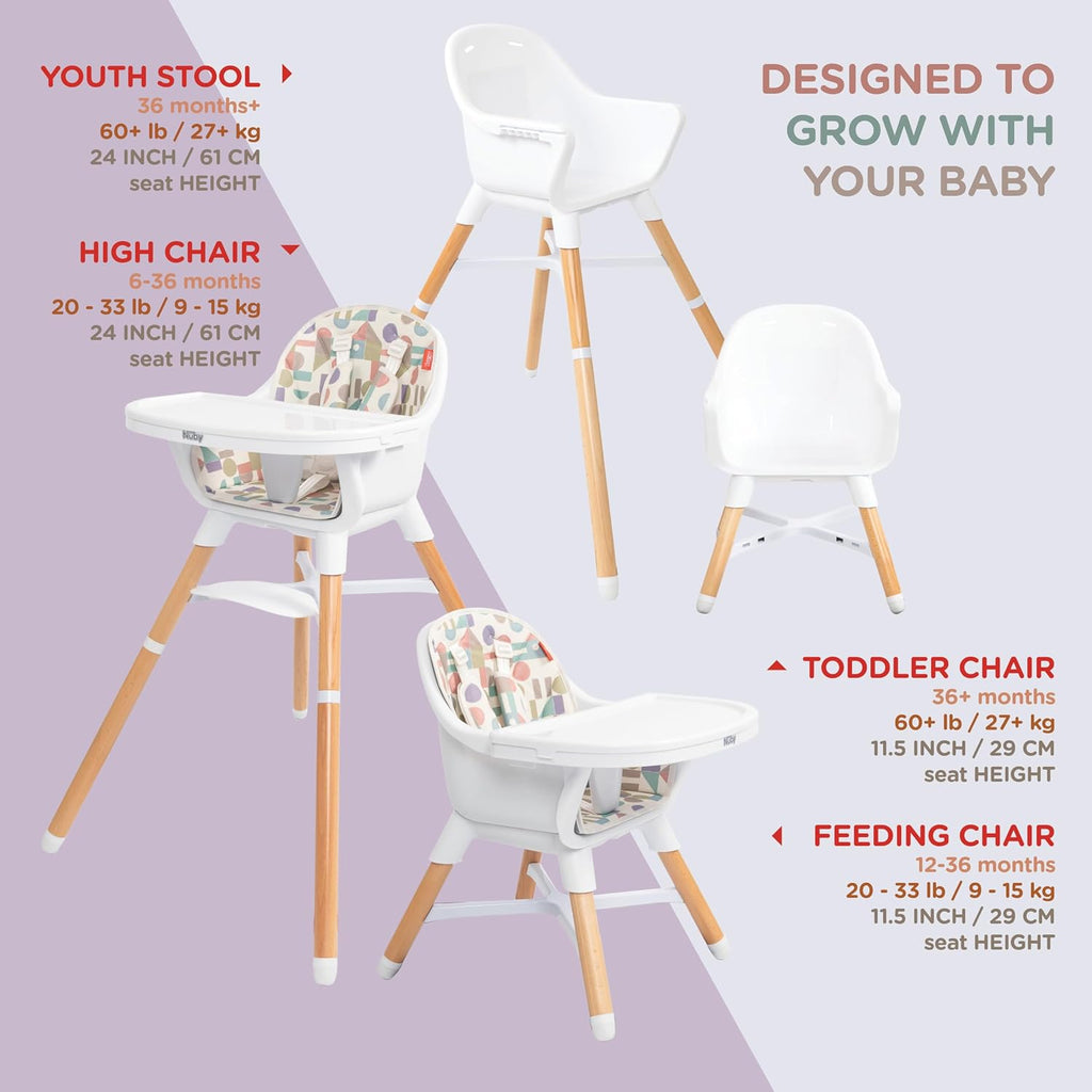 Nuby 4-in-1 Baby High Chair Seat with Removable Tray - 6+ Months to 3 Years - Adjustable Toddler Chair for Eating - Holds Up to 60 lbs - Geometric
