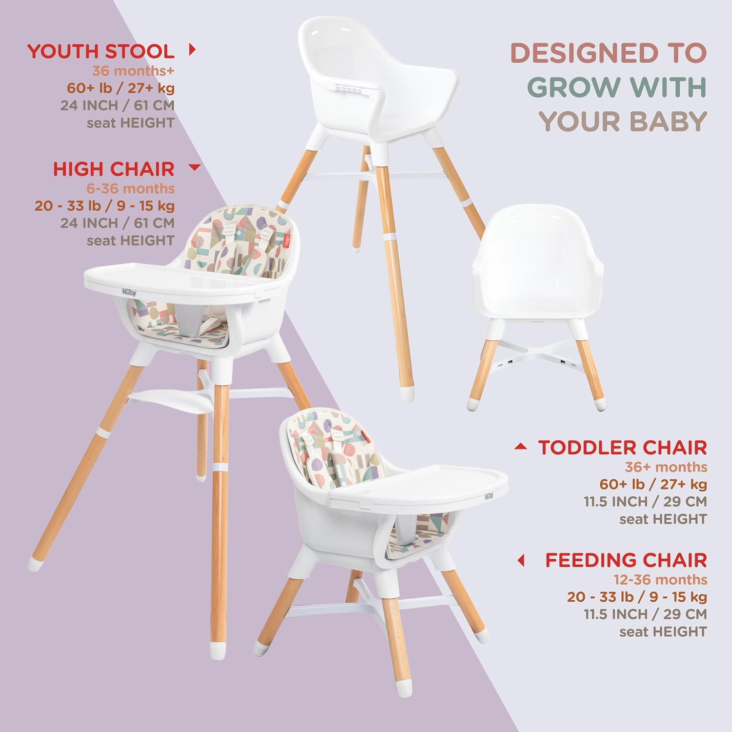 Nuby 4-in-1 Baby High Chair Seat with Removable Tray - 6+ Months to 3 Years - Adjustable Toddler Chair for Eating - Holds Up to 60 lbs - Geometric