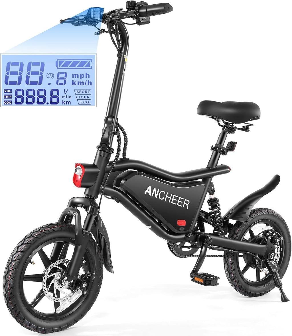 ANCHEER Folding Electric Bike for Adults, 374Wh Ebike, 20MPH Electric Bikes, 14' Foldable Electric Bicycle, 20-50 Miles Electric Bikes, E Bike, LCD Display, Dual Suspension, UL2849 Compliant