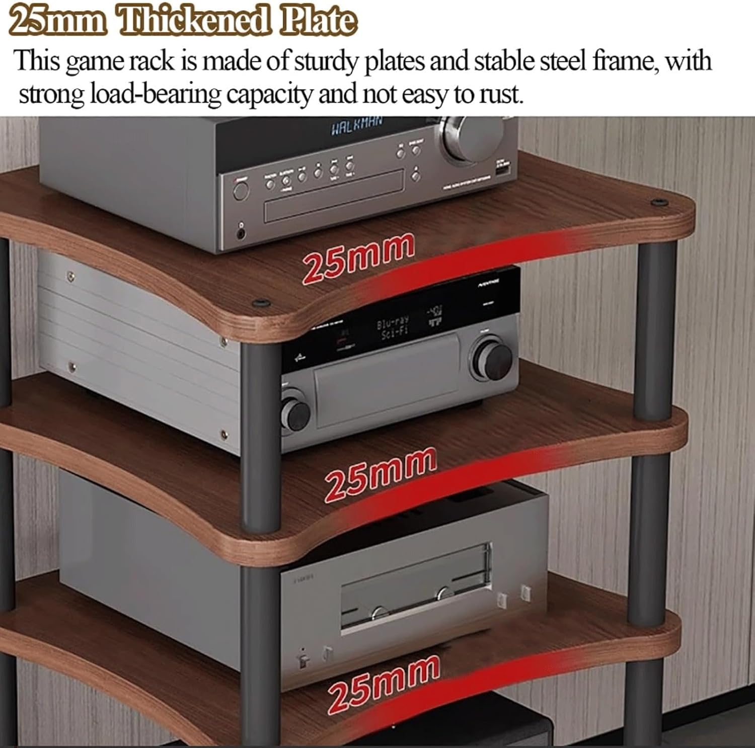 High Performance Walnut Audio Rack 3 Tier HiFi Amplifier Stand Modern AV Media Shelf Corner Display Case for DVDs & Electronics Ideal for Home Theater Setup