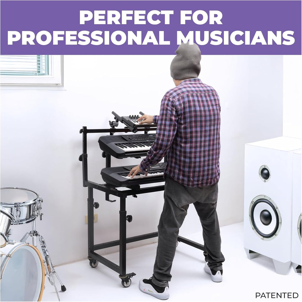 Liquid Stands 3 Tier Keyboard Stand w/ Wheels Music Studio Desk for Music Production - Electric Digital Pianos Synths for 49 54 61 88 Key - Rolling Home Recording Studio Workstation DJ Keyboard Table