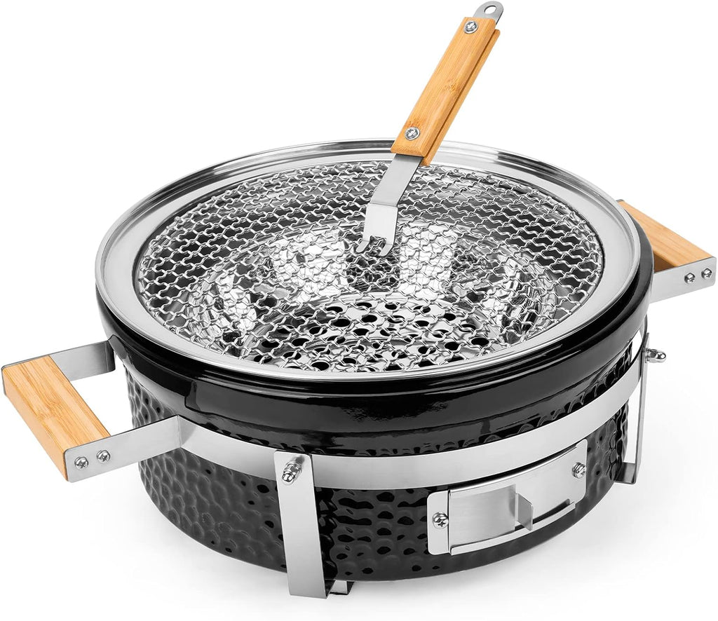 ONLYFIRE GRILLS Ceramic Hibachi Charcoal Grill with Grid Lifter, 14' Portable BBQ Yakitori Grill with Stainless Steel Grate for Outdoor Patio Backyard Barbecue Cooking, GS305