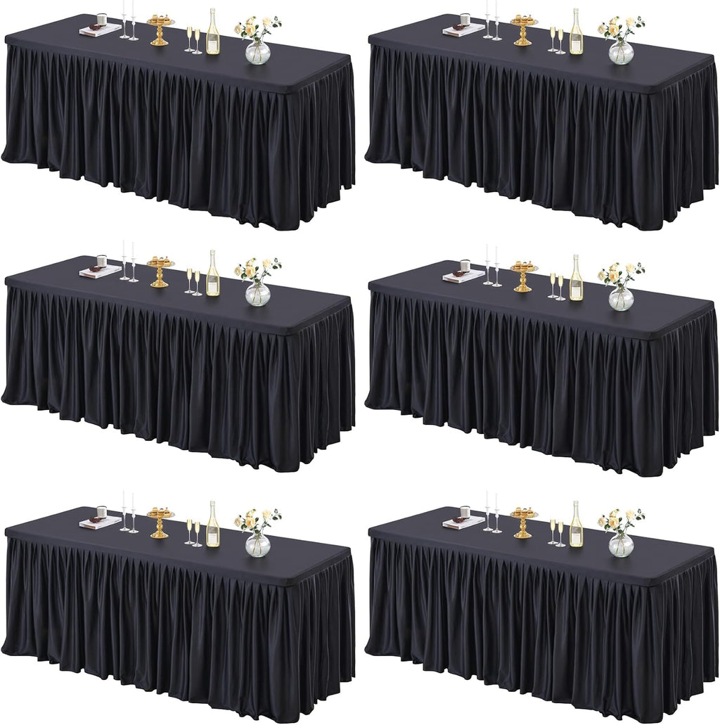 PARTISKY 6 Pack Black Tablecloths for Rectangle Tables 8ft, Wrinkle Resistant Black Table Cover Fitted Stretch Table Cloth with Pleated Ruffle Skirts for Party Banquet Dining Birthday Wedding