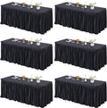 PARTISKY 6 Pack Black Tablecloths for Rectangle Tables 8ft, Wrinkle Resistant Black Table Cover Fitted Stretch Table Cloth with Pleated Ruffle Skirts for Party Banquet Dining Birthday Wedding
