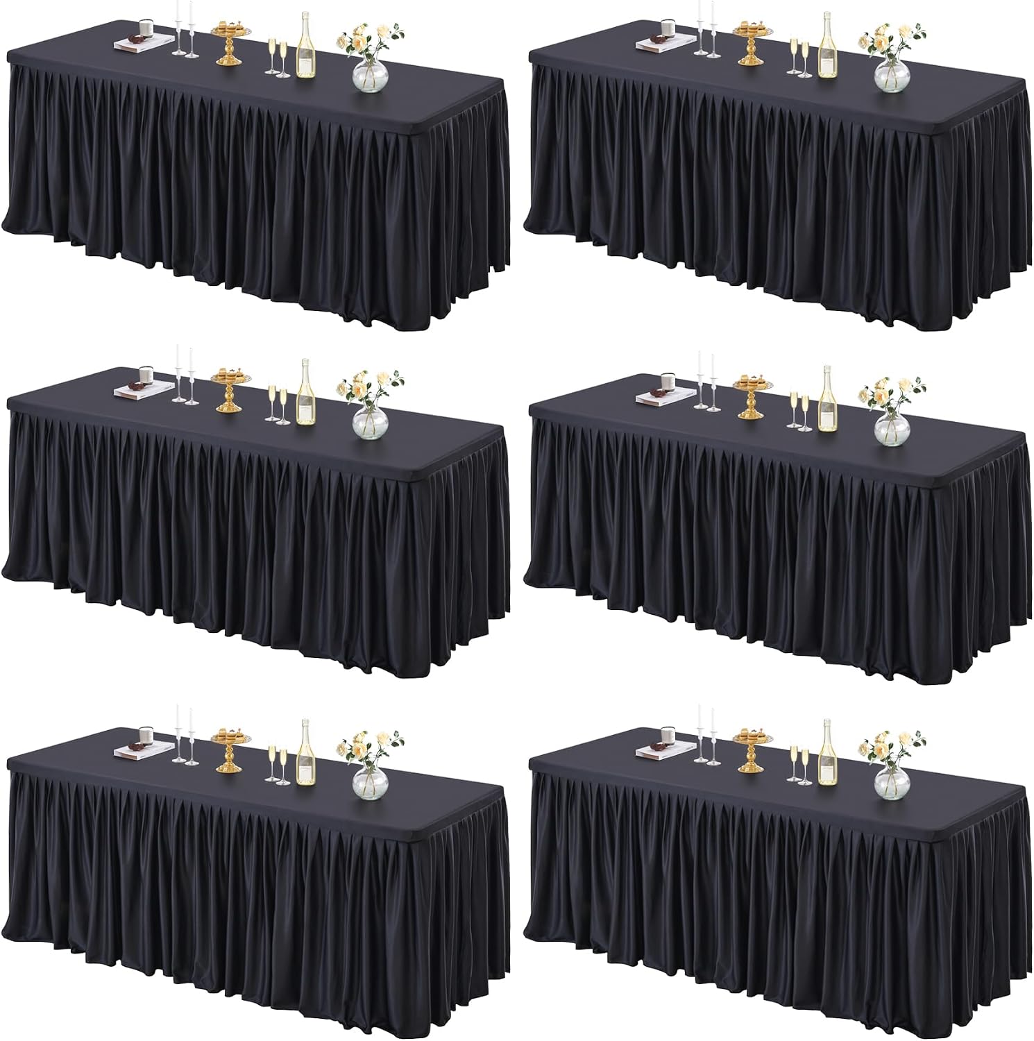 PARTISKY 6 Pack Black Tablecloths for Rectangle Tables 8ft, Wrinkle Resistant Black Table Cover Fitted Stretch Table Cloth with Pleated Ruffle Skirts for Party Banquet Dining Birthday Wedding