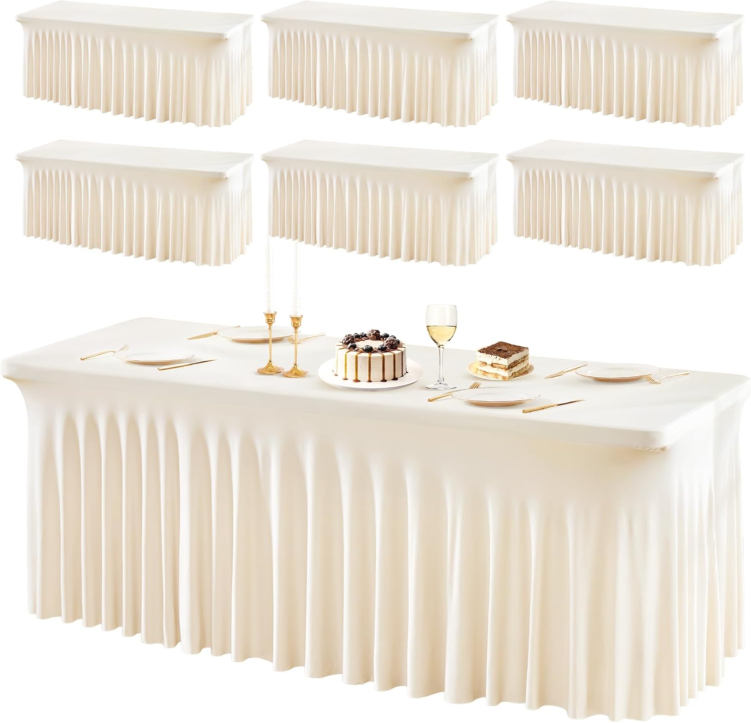 PARTISKY 6 Pack Ivory Spandex Table Cloths for Rectangle Tables 8ft, Ivory Table Skirt for Party, Table Cover with Skirt for Wedding Folding Table Banquet Baby Shower & Birthday Parties