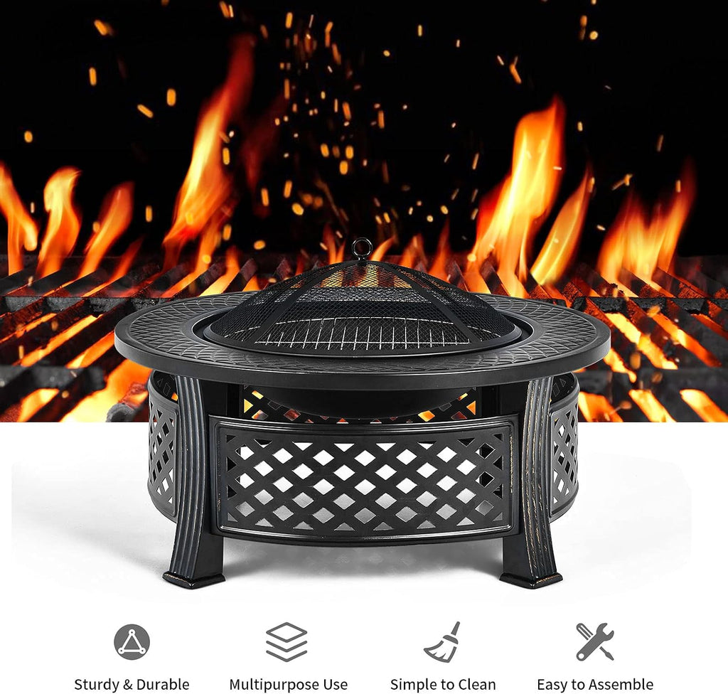 Giantex 3 in 1 Fire Pit, 32' Outdoor Wood Burning Fire Pit, Multifunctional Round Firepit Stove, Metal Fire Bowl with Cover, Portable Fire Pits for Outside Heating, Bonfire, Picnic, Grill