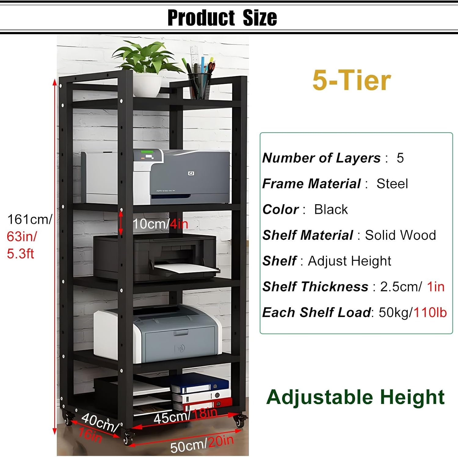 SRNSAEB Audio Equipment Rack Cabinet Media Shelf, Audio Video Media Stand Cabinet with 4 Shelves Height Adjustable Modern AV Cabinet with Brake Wheel, 160cm/ 63inch Height(5-Tier)