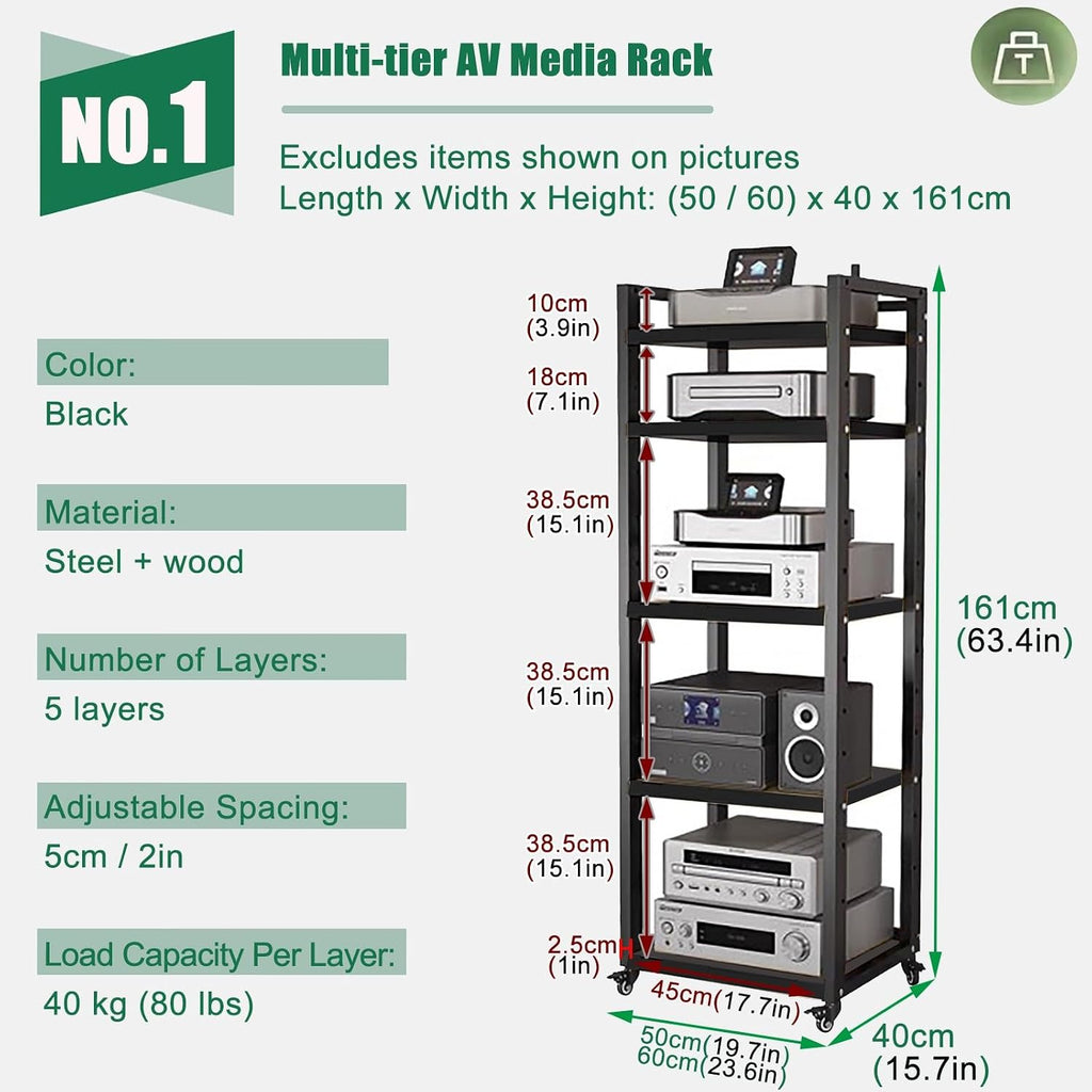 Audio Equipment Rolling Cart 5 6 7 8 Tier Black - Media Storage Shelf for Radio - Stereo - TV Box - Cable Box - WiFi Router - Stereo Cabinet Wood(W50cm-5 Tier)