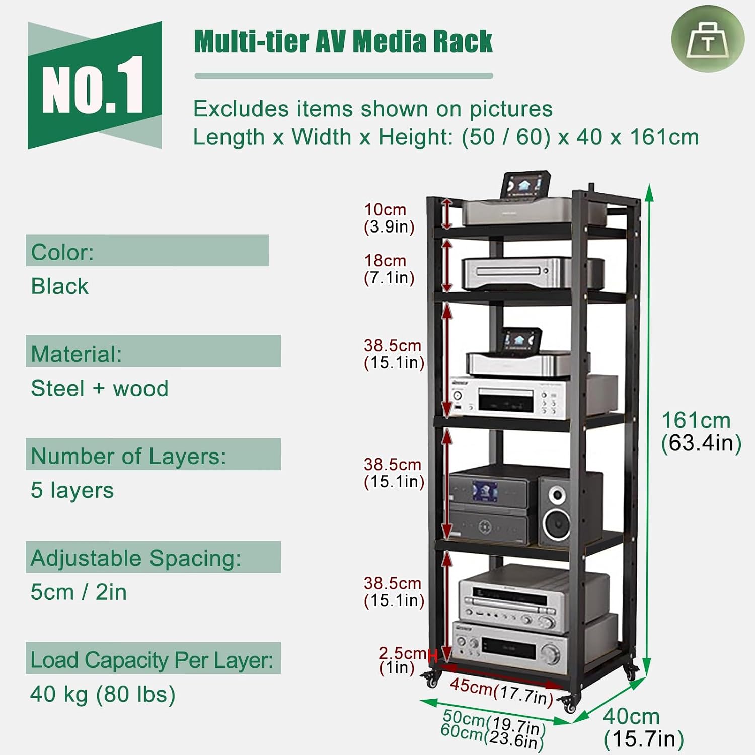 Portable Audio Equipment Rolling Cart Rack 20 24 Inch Wide, Heavy Duty Av Media Shelf for Bedroom Living Room - 5 6 7 8 Large Tier Stereo Cabinet Holder Wood(5 tier-H161cm-W50cm)